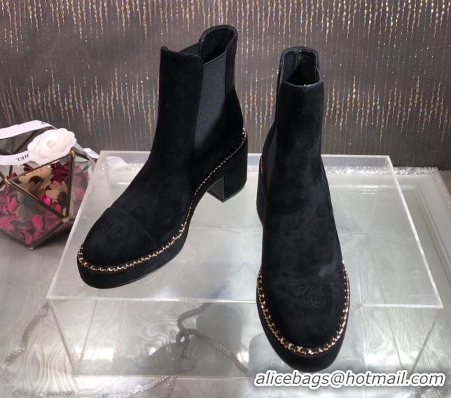 Best Grade Chanel Suede Heel Platform Ankle Boots 7.5cm with Chain Black CH083008