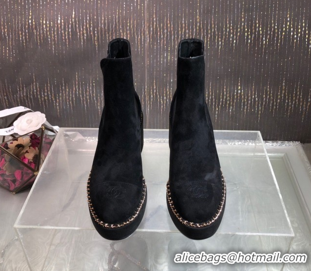 Best Grade Chanel Suede Heel Platform Ankle Boots 7.5cm with Chain Black CH083008