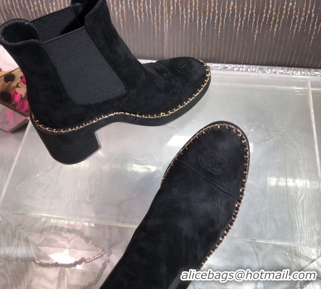 Best Grade Chanel Suede Heel Platform Ankle Boots 7.5cm with Chain Black CH083008