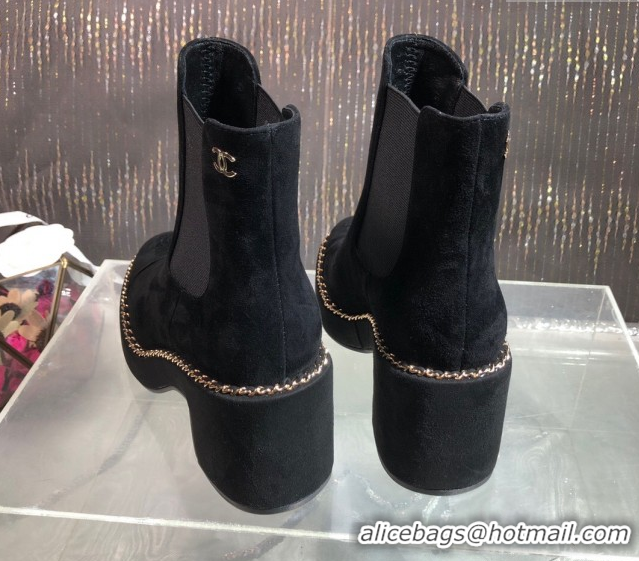 Best Grade Chanel Suede Heel Platform Ankle Boots 7.5cm with Chain Black CH083008