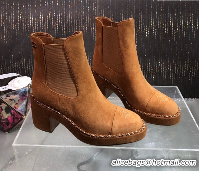 Big Discount Chanel Calfskin Heel Platform Ankle Boots 7.5cm with Chain Brown 2025 CH083008