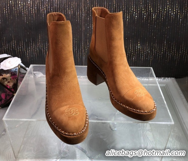 Big Discount Chanel Calfskin Heel Platform Ankle Boots 7.5cm with Chain Brown 2025 CH083008