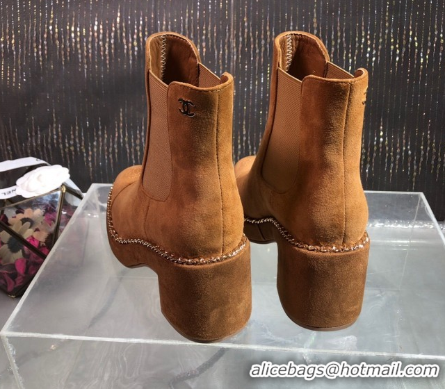 Big Discount Chanel Calfskin Heel Platform Ankle Boots 7.5cm with Chain Brown 2025 CH083008