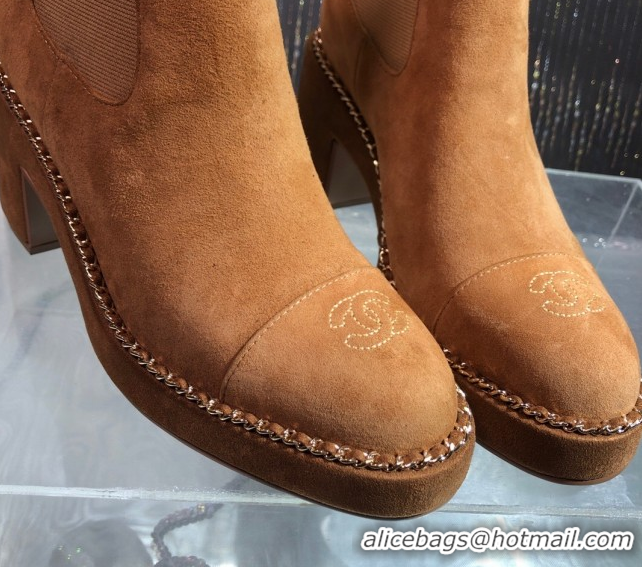 Big Discount Chanel Calfskin Heel Platform Ankle Boots 7.5cm with Chain Brown 2025 CH083008