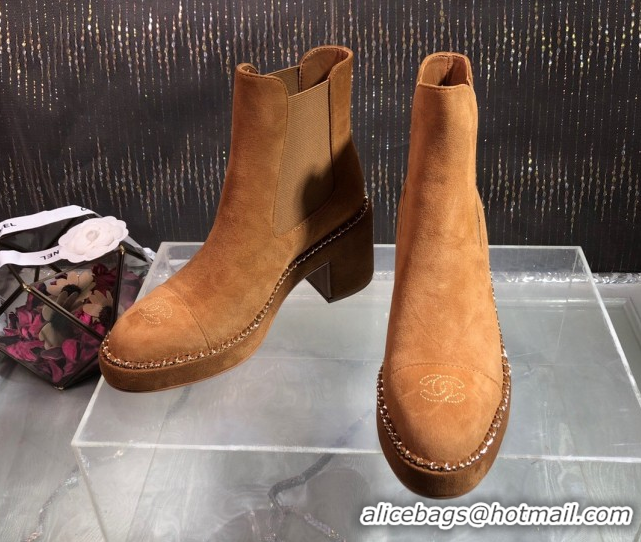 Big Discount Chanel Calfskin Heel Platform Ankle Boots 7.5cm with Chain Brown 2025 CH083008