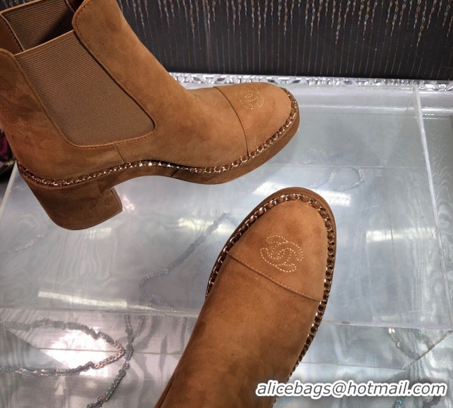 Big Discount Chanel Calfskin Heel Platform Ankle Boots 7.5cm with Chain Brown 2025 CH083008