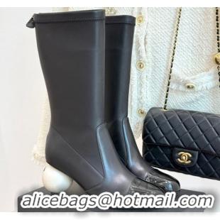 Durable Chanel Stretch Calfskin & Patent Leather Ankle Boots with Maxi Pearl Heel Black 0830047