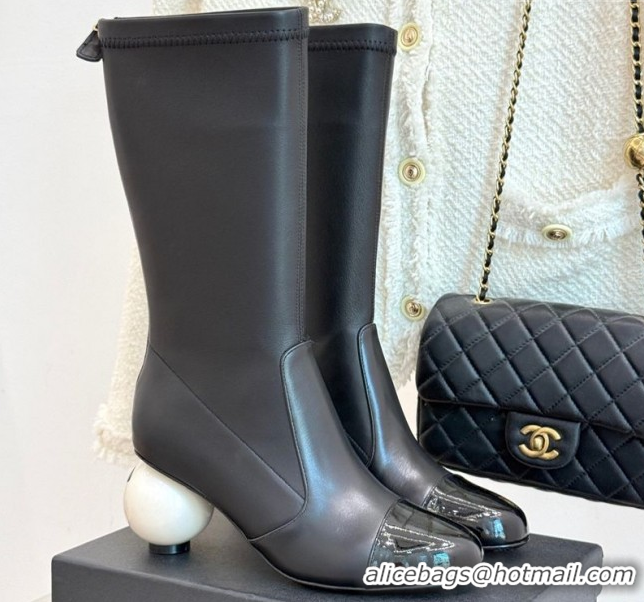 Durable Chanel Stretch Calfskin & Patent Leather Ankle Boots with Maxi Pearl Heel Black 0830047