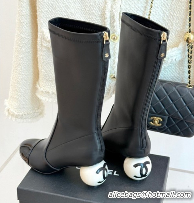 Durable Chanel Stretch Calfskin & Patent Leather Ankle Boots with Maxi Pearl Heel Black 0830047