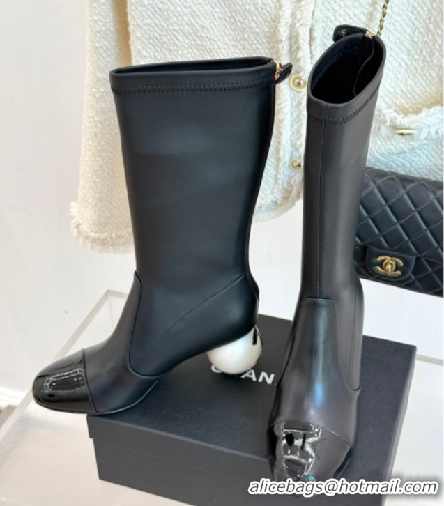 Durable Chanel Stretch Calfskin & Patent Leather Ankle Boots with Maxi Pearl Heel Black 0830047