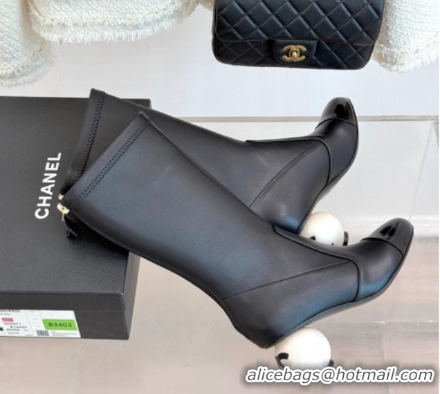 Durable Chanel Stretch Calfskin & Patent Leather Ankle Boots with Maxi Pearl Heel Black 0830047