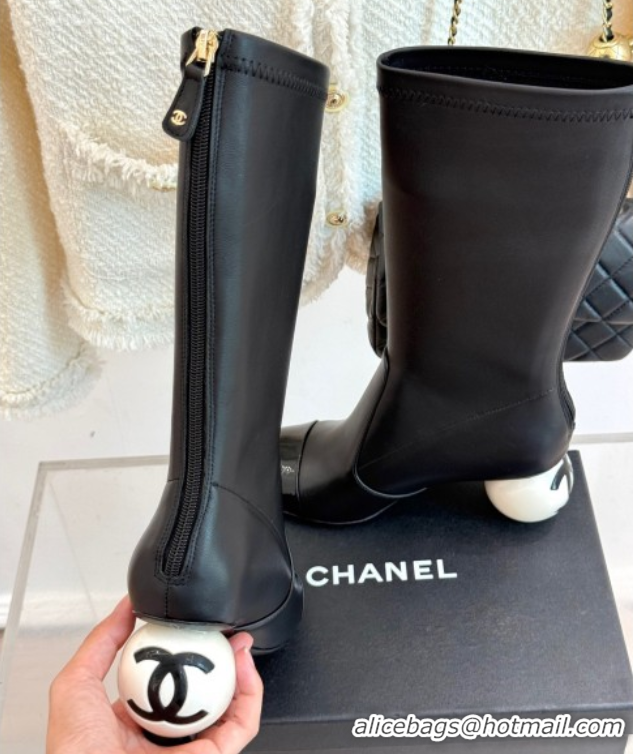 Durable Chanel Stretch Calfskin & Patent Leather Ankle Boots with Maxi Pearl Heel Black 0830047