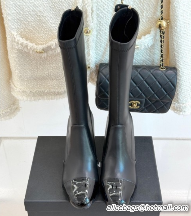 Durable Chanel Stretch Calfskin & Patent Leather Ankle Boots with Maxi Pearl Heel Black 0830047