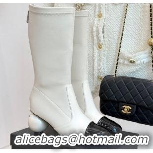 Lower Price Chanel Stretch Calfskin & Patent Leather Ankle Boots with Maxi Pearl Heel White 2025 0830048