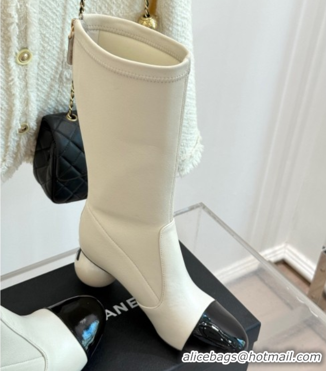 Lower Price Chanel Stretch Calfskin & Patent Leather Ankle Boots with Maxi Pearl Heel White 2025 0830048