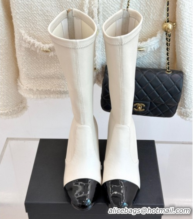 Lower Price Chanel Stretch Calfskin & Patent Leather Ankle Boots with Maxi Pearl Heel White 2025 0830048