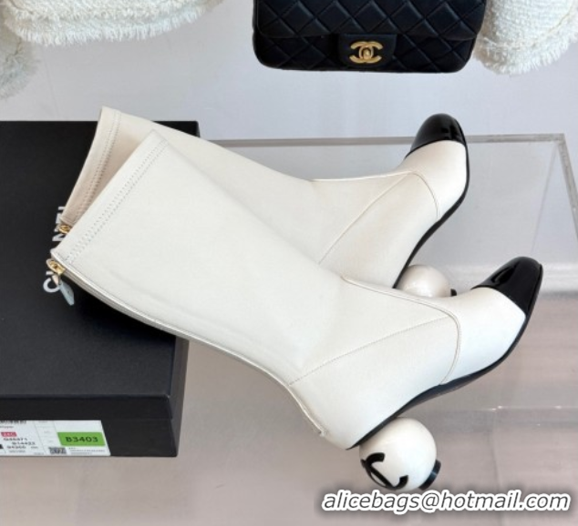Lower Price Chanel Stretch Calfskin & Patent Leather Ankle Boots with Maxi Pearl Heel White 2025 0830048