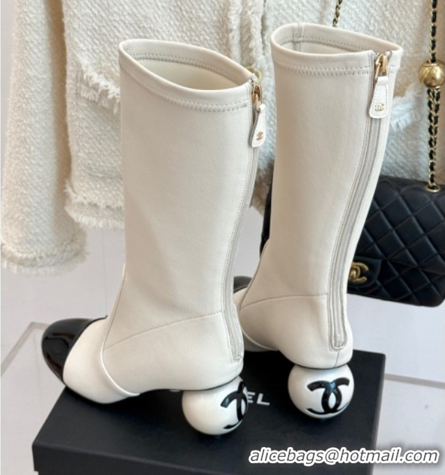 Lower Price Chanel Stretch Calfskin & Patent Leather Ankle Boots with Maxi Pearl Heel White 2025 0830048