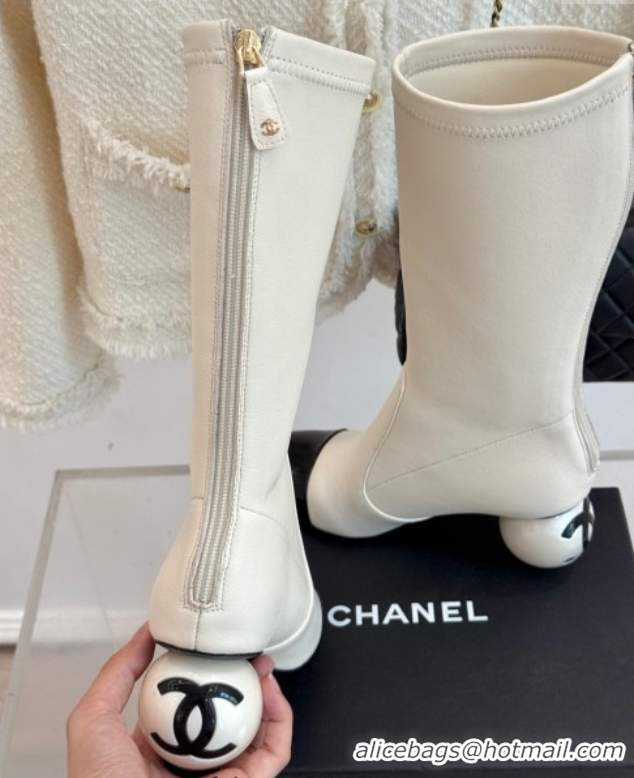 Lower Price Chanel Stretch Calfskin & Patent Leather Ankle Boots with Maxi Pearl Heel White 2025 0830048
