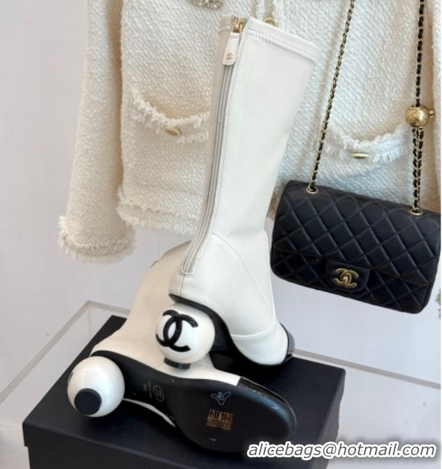 Lower Price Chanel Stretch Calfskin & Patent Leather Ankle Boots with Maxi Pearl Heel White 2025 0830048