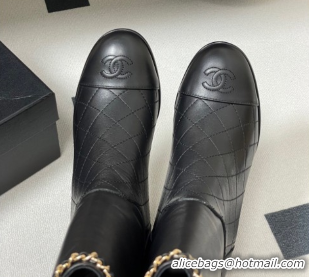 Fashion Chanel Quilted Calfskin & Leather Ankle Boots 6cm with Chain Black 2025 CH083009