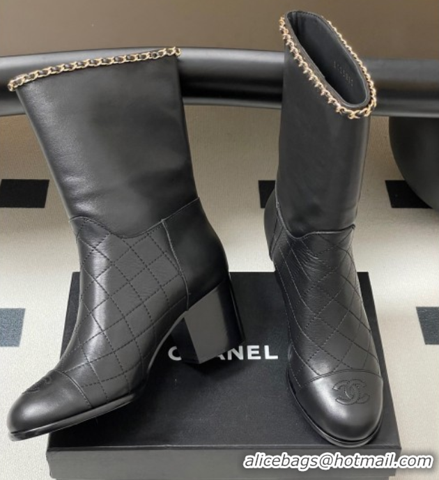 Fashion Chanel Quilted Calfskin & Leather Ankle Boots 6cm with Chain Black 2025 CH083009