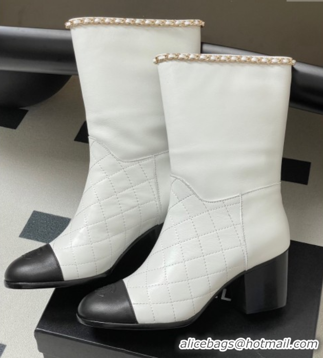 Popular Style Chanel Quilted Calfskin & Leather Ankle Boots 6cm with Chain White 2025 CH083009
