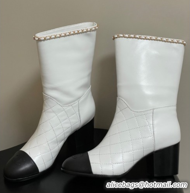 Popular Style Chanel Quilted Calfskin & Leather Ankle Boots 6cm with Chain White 2025 CH083009
