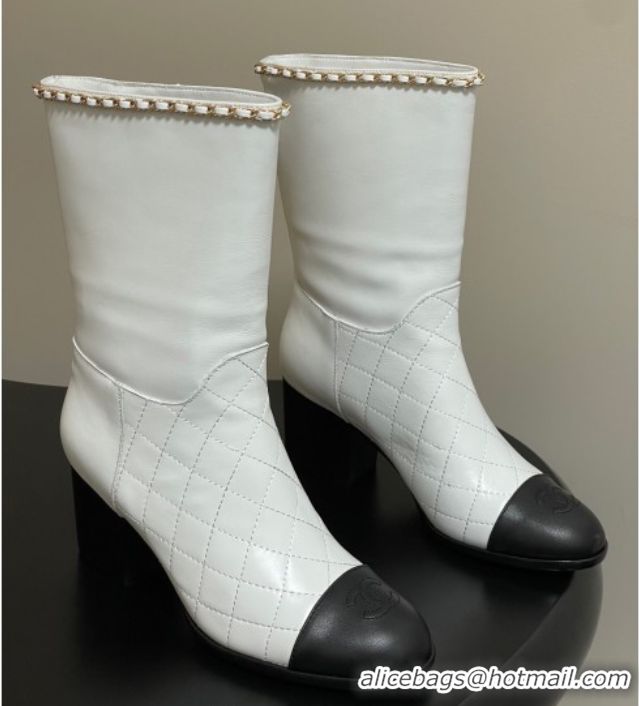 Popular Style Chanel Quilted Calfskin & Leather Ankle Boots 6cm with Chain White 2025 CH083009