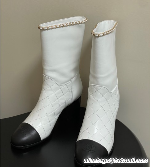 Popular Style Chanel Quilted Calfskin & Leather Ankle Boots 6cm with Chain White 2025 CH083009