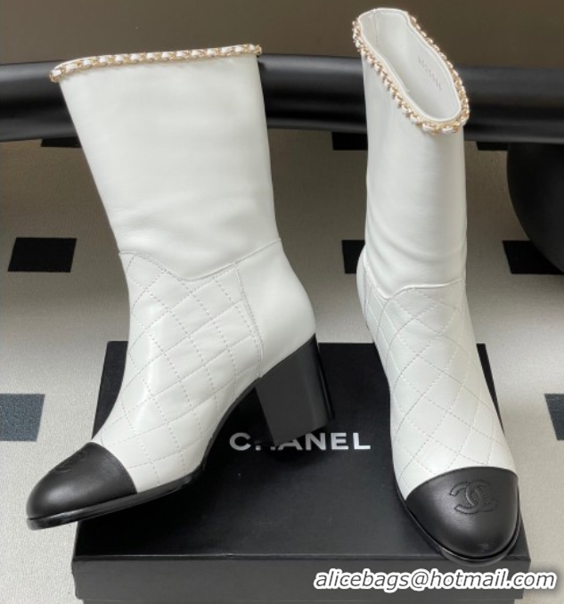 Popular Style Chanel Quilted Calfskin & Leather Ankle Boots 6cm with Chain White 2025 CH083009