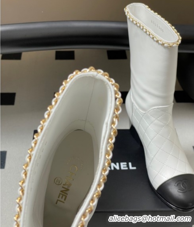 Popular Style Chanel Quilted Calfskin & Leather Ankle Boots 6cm with Chain White 2025 CH083009