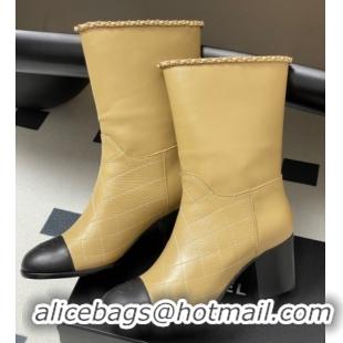 Leisure Chanel Quilted Calfskin & Leather Ankle Boots 6cm with Chain Beige Yellow 2025 CH083009