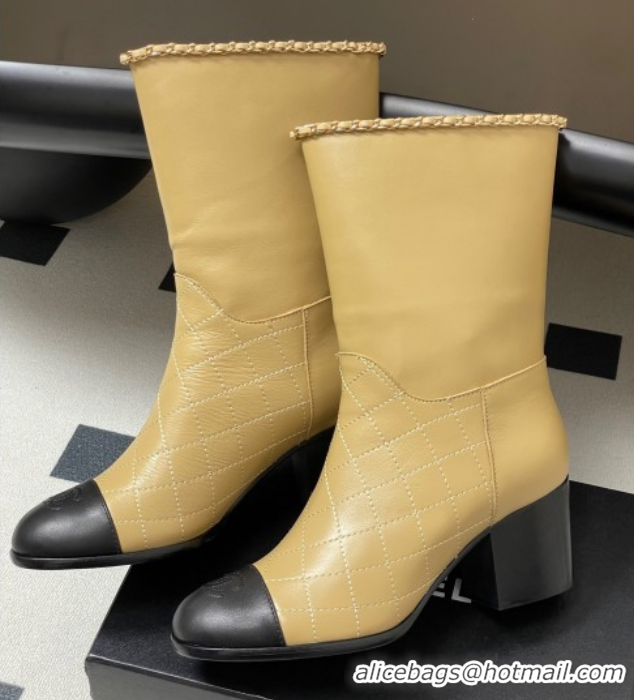 Leisure Chanel Quilted Calfskin & Leather Ankle Boots 6cm with Chain Beige Yellow 2025 CH083009