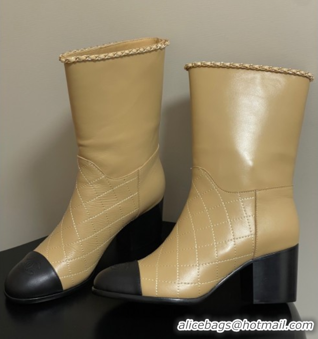 Leisure Chanel Quilted Calfskin & Leather Ankle Boots 6cm with Chain Beige Yellow 2025 CH083009