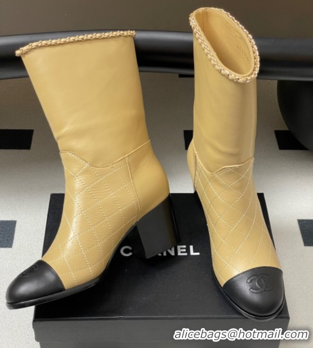 Leisure Chanel Quilted Calfskin & Leather Ankle Boots 6cm with Chain Beige Yellow 2025 CH083009