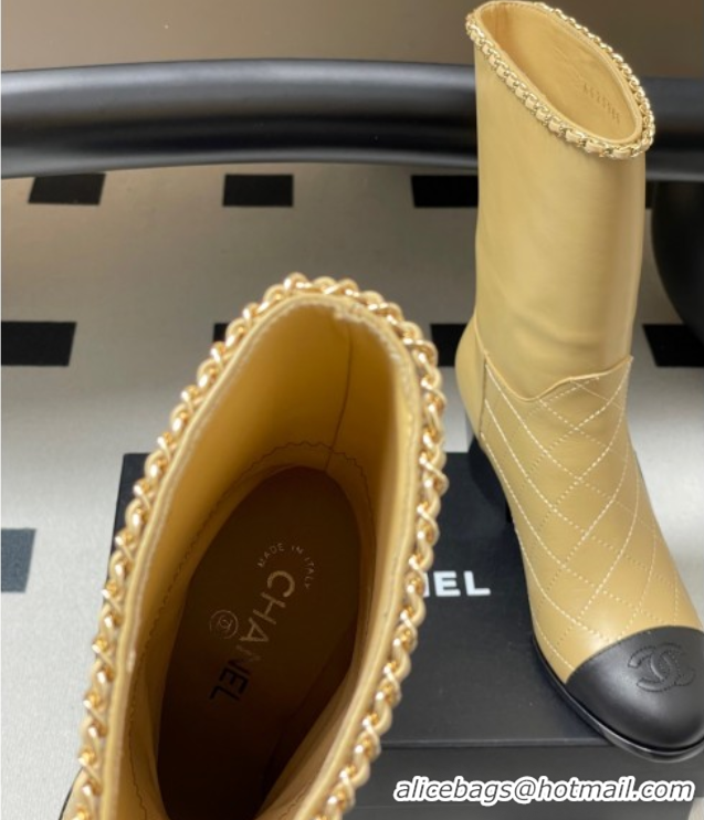 Leisure Chanel Quilted Calfskin & Leather Ankle Boots 6cm with Chain Beige Yellow 2025 CH083009