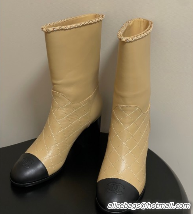 Leisure Chanel Quilted Calfskin & Leather Ankle Boots 6cm with Chain Beige Yellow 2025 CH083009