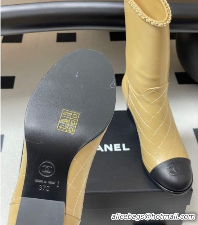 Leisure Chanel Quilted Calfskin & Leather Ankle Boots 6cm with Chain Beige Yellow 2025 CH083009