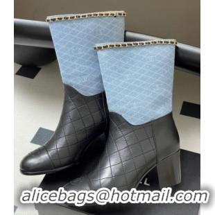 Cheap Chanel Quilted Calfskin & Denim Ankle Boots 6cm with Chain Light Blue/Black 2025 CH083009