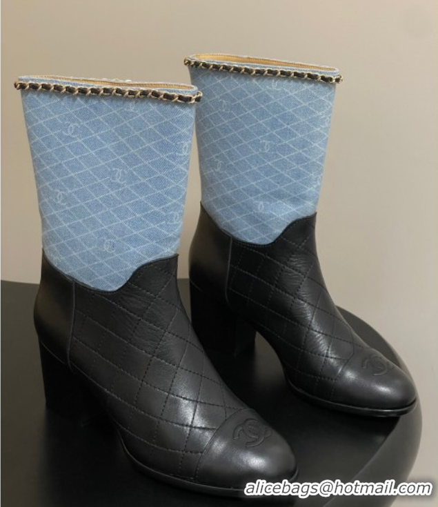 Cheap Chanel Quilted Calfskin & Denim Ankle Boots 6cm with Chain Light Blue/Black 2025 CH083009