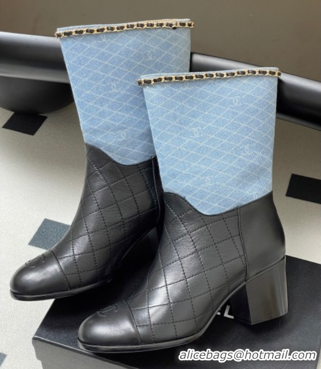 Cheap Chanel Quilted Calfskin & Denim Ankle Boots 6cm with Chain Light Blue/Black 2025 CH083009