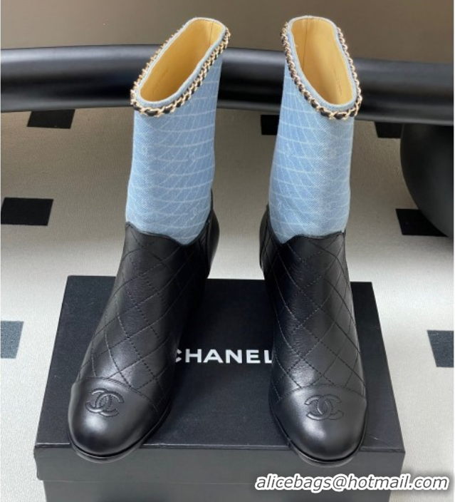 Cheap Chanel Quilted Calfskin & Denim Ankle Boots 6cm with Chain Light Blue/Black 2025 CH083009
