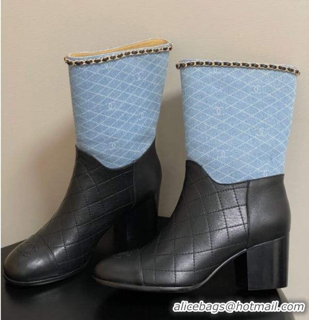 Cheap Chanel Quilted Calfskin & Denim Ankle Boots 6cm with Chain Light Blue/Black 2025 CH083009