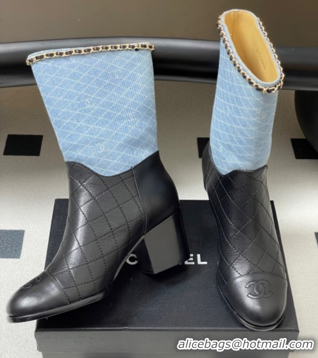 Cheap Chanel Quilted Calfskin & Denim Ankle Boots 6cm with Chain Light Blue/Black 2025 CH083009