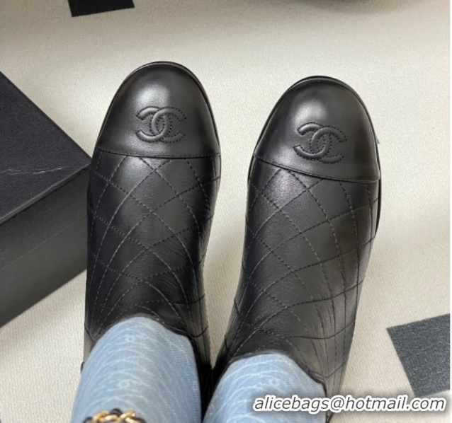 Cheap Chanel Quilted Calfskin & Denim Ankle Boots 6cm with Chain Light Blue/Black 2025 CH083009