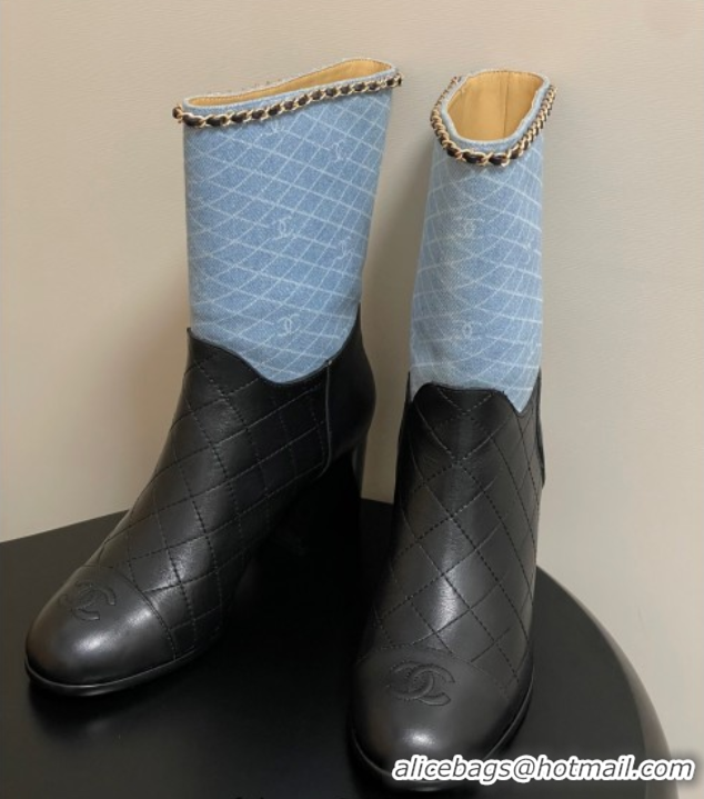 Cheap Chanel Quilted Calfskin & Denim Ankle Boots 6cm with Chain Light Blue/Black 2025 CH083009