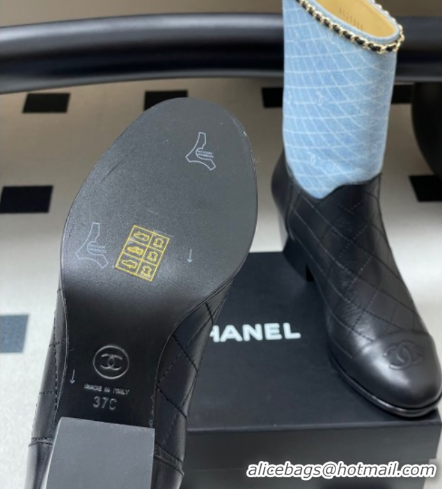 Cheap Chanel Quilted Calfskin & Denim Ankle Boots 6cm with Chain Light Blue/Black 2025 CH083009