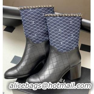 Pretty Style Chanel Quilted Calfskin & Denim Ankle Boots 6cm with Chain Black/Navy Blue 2025 CH083009