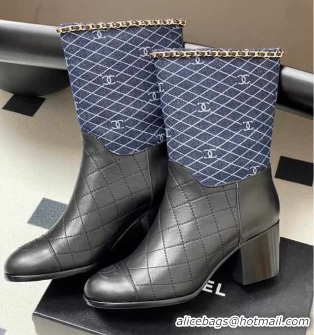 Pretty Style Chanel Quilted Calfskin & Denim Ankle Boots 6cm with Chain Black/Navy Blue 2025 CH083009